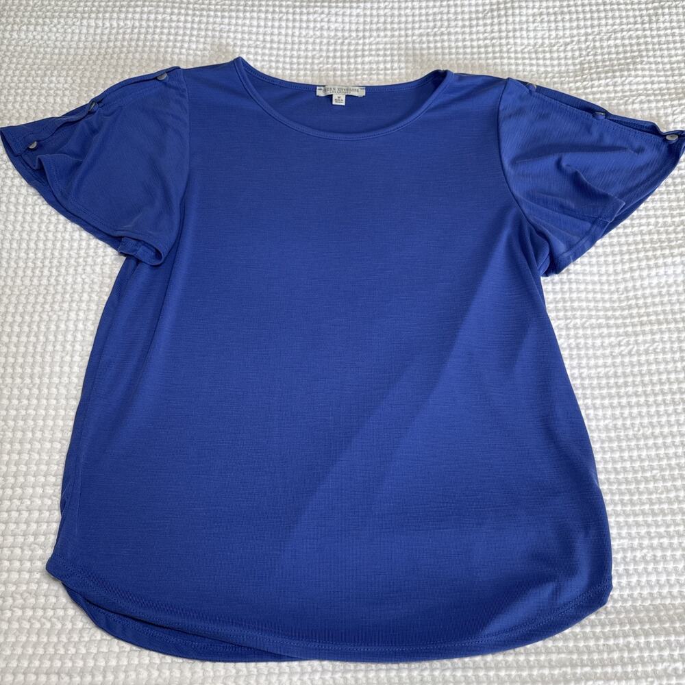 Green Envelope Womens M Short Sleeve Shirt Blue Textured Top Button Detail EUC